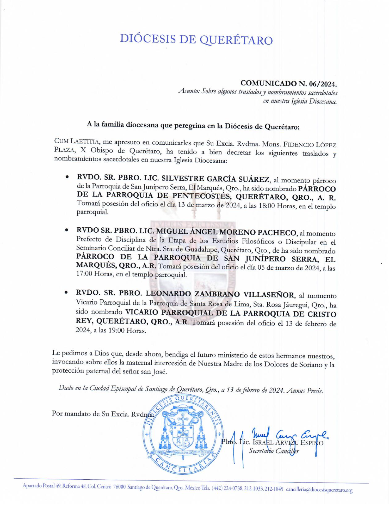 COMUNICADO N. 06/2024. Asunto: Sobre algunos traslados y nombramientos sacerdotales en nuestra Iglesia Diocesana.